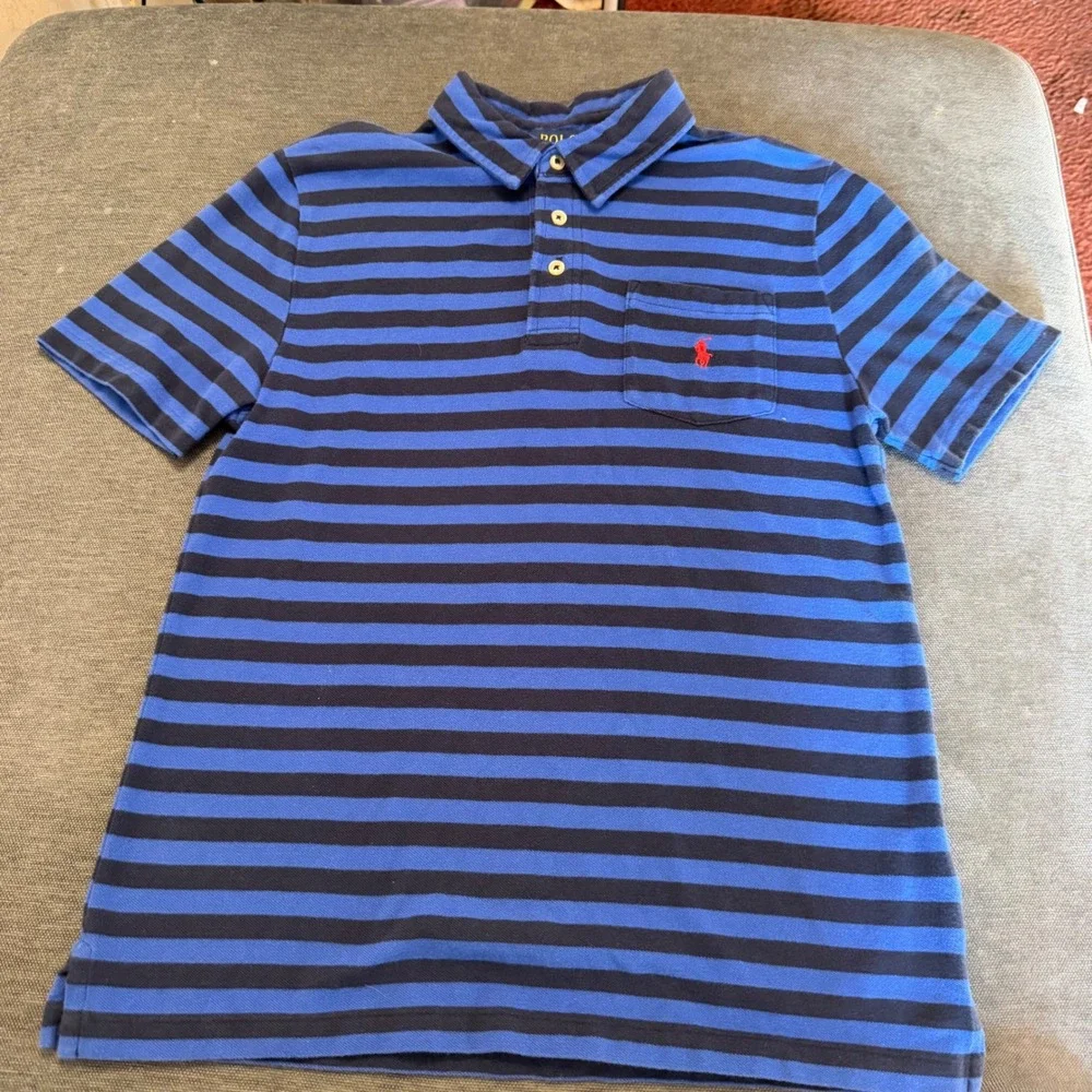 Polo Ralph Lauren Boys Blue Striped Short Sleeve Polo Shirt Size L 14-16